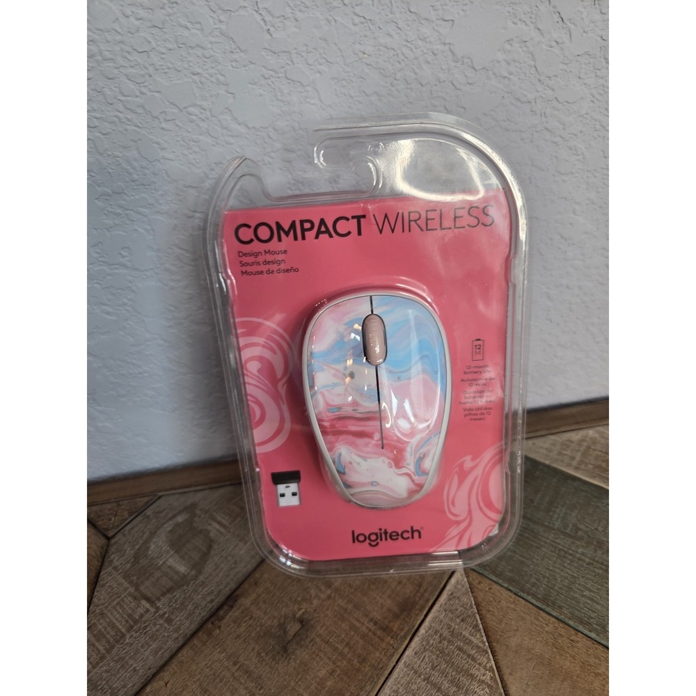 Logitech Compact Wireless Mouse Unused Open box, All Components Pink Swirl‎